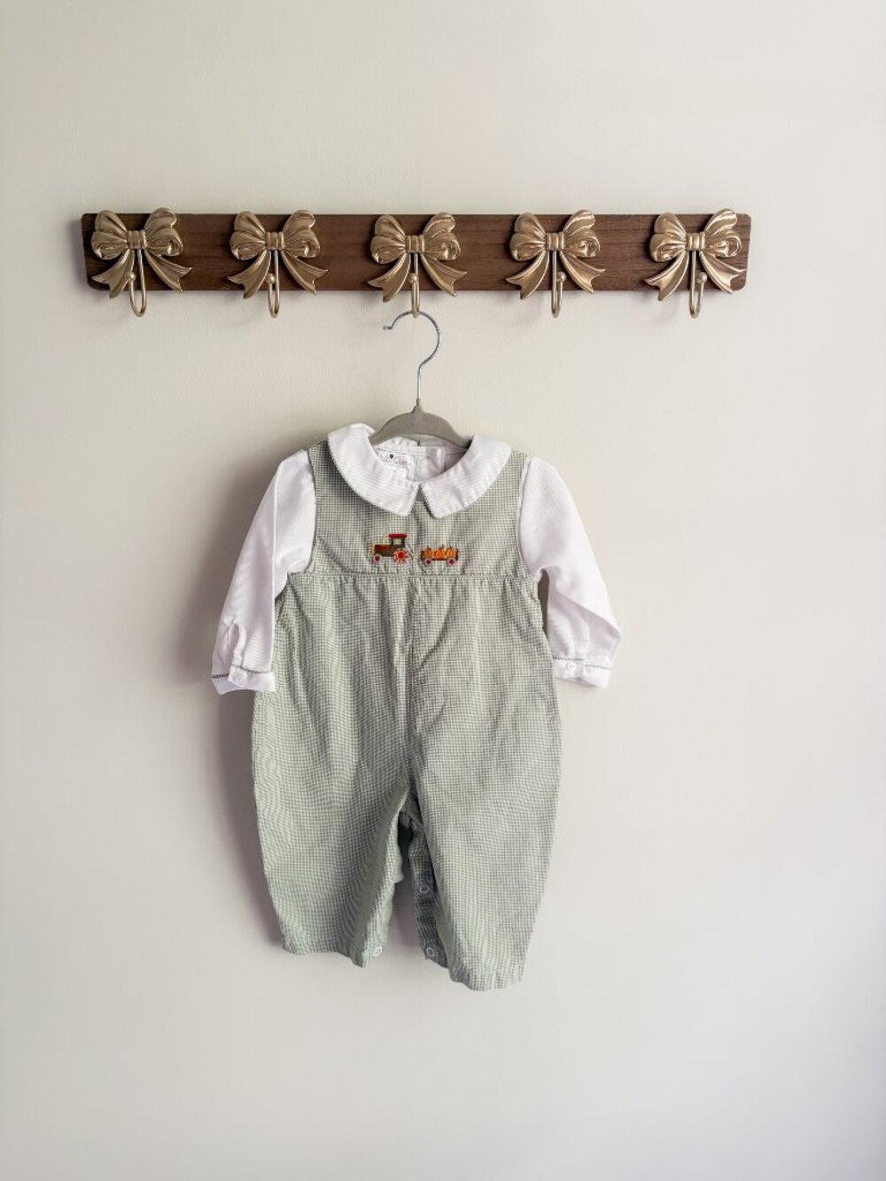 Petit Ami 9M Green Gingham Romper with Fall Train Embroidery